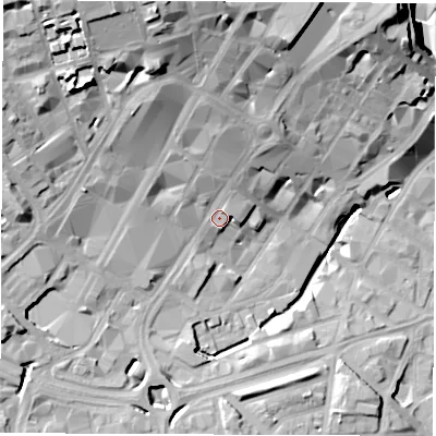 Shaded relief map of the ground around S14QW, computed from Environment Agency LiDAR. The ground here sits at about 66 m above sea level and falls 37 m across the surrounding 800 m. Surface water reaching this point runs off ground lying to the north-north-west, 8.3 m higher.