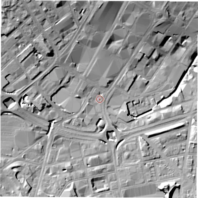 Shaded relief map of the ground around S14QZ, computed from Environment Agency LiDAR. The ground here sits at about 66 m above sea level and falls 28 m across the surrounding 800 m. Surface water reaching this point runs off ground lying to the north-west, 18.5 m higher.