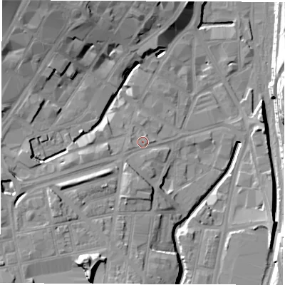 Shaded relief map of the ground around S14RA, computed from Environment Agency LiDAR. The ground here sits at about 60 m above sea level and falls 24 m across the surrounding 800 m. Surface water reaching this point runs off ground lying to the south-south-west, 15.8 m higher.