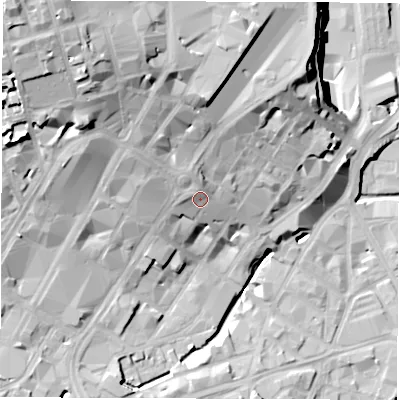Shaded relief map of the ground around S14RB, computed from Environment Agency LiDAR. The ground here sits at about 69 m above sea level and falls 43 m across the surrounding 800 m. Surface water reaching this point runs off ground lying to the north, 15.3 m higher.