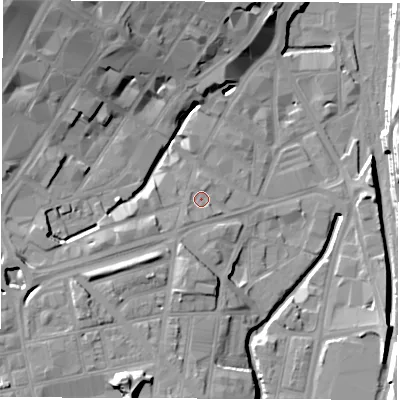 Shaded relief map of the ground around S14RD, computed from Environment Agency LiDAR. The ground here sits at about 59 m above sea level and falls 26 m across the surrounding 800 m. Surface water reaching this point runs off ground lying to the south-south-west, 2.2 m higher.