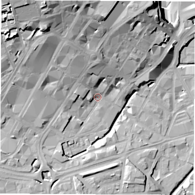 Shaded relief map of the ground around S14RE, computed from Environment Agency LiDAR. The ground here sits at about 62 m above sea level and falls 37 m across the surrounding 800 m. Surface water reaching this point runs off ground lying to the north-west, 18.0 m higher.