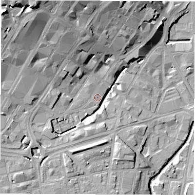 Shaded relief map of the ground around S14RG, computed from Environment Agency LiDAR. The ground here sits at about 61 m above sea level and falls 33 m across the surrounding 800 m. Surface water reaching this point runs off ground lying to the south-south-west, 11.4 m higher.