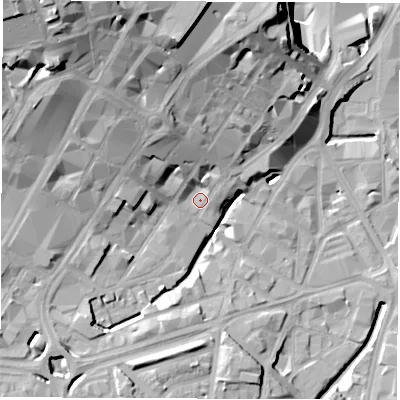 Shaded relief map of the ground around S14RH, computed from Environment Agency LiDAR. The ground here sits at about 60 m above sea level and falls 37 m across the surrounding 800 m. Surface water reaching this point runs off ground lying to the north-west, 28.7 m higher.