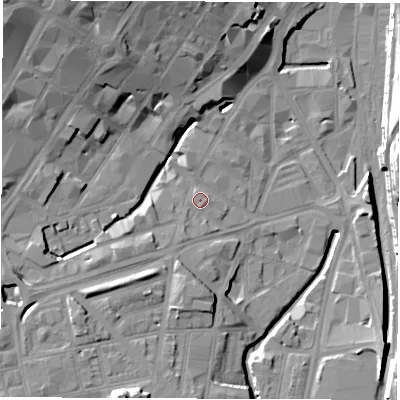 Shaded relief map of the ground around S14RJ, computed from Environment Agency LiDAR. The ground here sits at about 59 m above sea level and falls 27 m across the surrounding 800 m. Surface water reaching this point runs off ground lying to the south-south-west, 2.1 m higher.