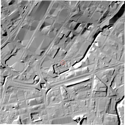 Shaded relief map of the ground around S14RL, computed from Environment Agency LiDAR. The ground here sits at about 63 m above sea level and falls 25 m across the surrounding 800 m. Surface water reaching this point runs off ground lying to the west-south-west, 6.9 m higher.