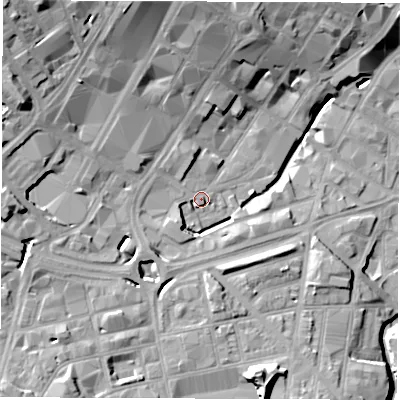 Shaded relief map of the ground around S14RN, computed from Environment Agency LiDAR. The ground here sits at about 63 m above sea level and falls 26 m across the surrounding 800 m. Surface water reaching this point runs off ground lying to the west-south-west, 3.8 m higher.