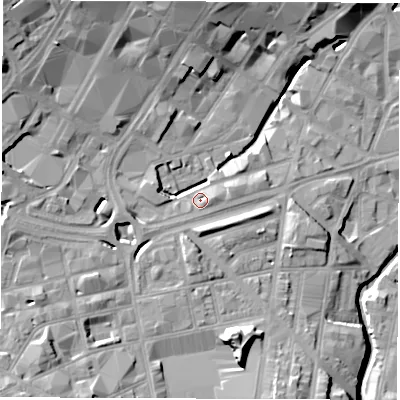 Shaded relief map of the ground around S14RQ, computed from Environment Agency LiDAR. The ground here sits at about 65 m above sea level and falls 24 m across the surrounding 800 m. Surface water reaching this point runs off ground lying to the west-south-west, 6.3 m higher.