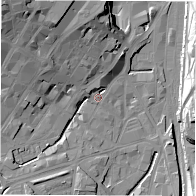 Shaded relief map of the ground around S14RS, computed from Environment Agency LiDAR. The ground here sits at about 59 m above sea level and falls 36 m across the surrounding 800 m. Surface water reaching this point runs off ground lying to the north, 15.6 m higher.