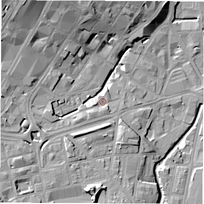 Shaded relief map of the ground around S14RT, computed from Environment Agency LiDAR. The ground here sits at about 62 m above sea level and falls 26 m across the surrounding 800 m. Surface water reaching this point runs off ground lying to the south-west, 4.6 m higher.