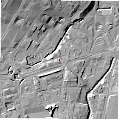 Shaded relief map of the ground around S14RU, computed from Environment Agency LiDAR. The ground here sits at about 62 m above sea level and falls 25 m across the surrounding 800 m. Surface water reaching this point runs off ground lying to the west-south-west, 4.9 m higher.
