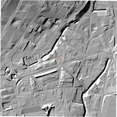 Shaded relief map of the ground around S14RW, computed from Environment Agency LiDAR. The ground here sits at about 61 m above sea level and falls 25 m across the surrounding 800 m. Surface water reaching this point runs off ground lying to the south-west, 9.3 m higher.