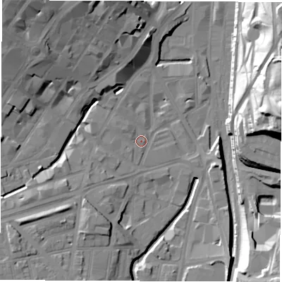 Shaded relief map of the ground around S14RZ, computed from Environment Agency LiDAR. The ground here sits at about 58 m above sea level and falls 45 m across the surrounding 800 m. Surface water reaching this point runs off ground lying to the north-west, 22.9 m higher.
