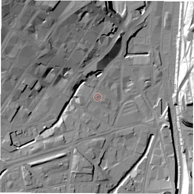 Shaded relief map of the ground around S14SA, computed from Environment Agency LiDAR. The ground here sits at about 59 m above sea level and falls 32 m across the surrounding 800 m. Surface water reaching this point runs off ground lying to the north-west, 27.9 m higher.