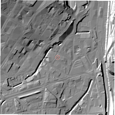 Shaded relief map of the ground around S14SB, computed from Environment Agency LiDAR. The ground here sits at about 59 m above sea level and falls 33 m across the surrounding 800 m. Surface water reaching this point runs off ground lying to the north-west, 29.2 m higher.