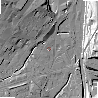 Shaded relief map of the ground around S14SD, computed from Environment Agency LiDAR. The ground here sits at about 58 m above sea level and falls 40 m across the surrounding 800 m. Surface water reaching this point runs off ground lying to the north-west, 1.9 m higher.