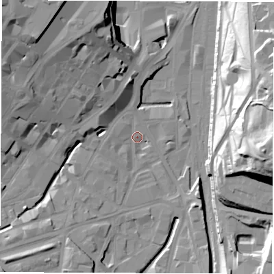 Shaded relief map of the ground around S14SE, computed from Environment Agency LiDAR. The ground here sits at about 56 m above sea level and falls 48 m across the surrounding 800 m. Surface water reaching this point runs off ground lying to the north-west, 27.9 m higher.