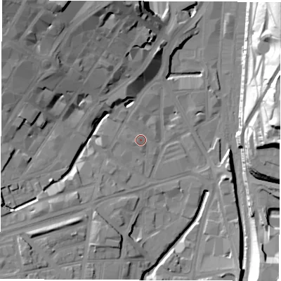 Shaded relief map of the ground around S14SF, computed from Environment Agency LiDAR. The ground here sits at about 59 m above sea level and falls 39 m across the surrounding 800 m. Surface water reaching this point runs off ground lying to the north-west, 24.5 m higher.