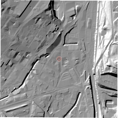 Shaded relief map of the ground around S14SG, computed from Environment Agency LiDAR. The ground here sits at about 57 m above sea level and falls 48 m across the surrounding 800 m. Surface water reaching this point runs off ground lying to the north-west, 31.2 m higher.