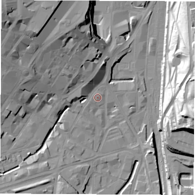 Shaded relief map of the ground around S14SJ, computed from Environment Agency LiDAR. The ground here sits at about 58 m above sea level and falls 45 m across the surrounding 800 m. Surface water reaching this point runs off ground lying to the south-west, 1.4 m higher.