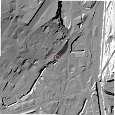 Shaded relief map of the ground around S14SP, computed from Environment Agency LiDAR. The ground here sits at about 60 m above sea level and falls 37 m across the surrounding 800 m. Surface water reaching this point runs off ground lying to the north-west, 7.9 m higher.