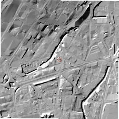 Shaded relief map of the ground around S14SQ, computed from Environment Agency LiDAR. The ground here sits at about 60 m above sea level and falls 27 m across the surrounding 800 m. Surface water reaching this point runs off ground lying to the south-west, 9.3 m higher.