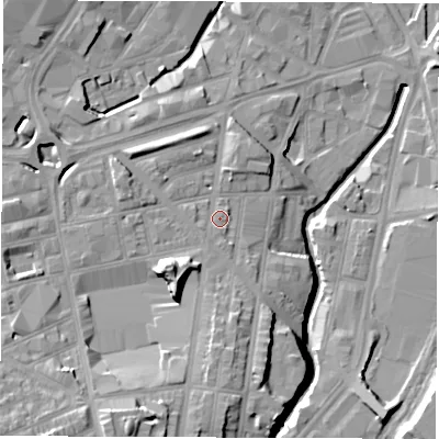Shaded relief map of the ground around S14SS, computed from Environment Agency LiDAR. The ground here sits at about 65 m above sea level and falls 26 m across the surrounding 800 m. Surface water reaching this point runs off ground lying to the south-south-west, 1.3 m higher.