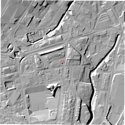 Shaded relief map of the ground around S14ST, computed from Environment Agency LiDAR. The ground here sits at about 65 m above sea level and falls 24 m across the surrounding 800 m. Surface water reaching this point runs off ground lying to the south-south-west, 11.8 m higher.