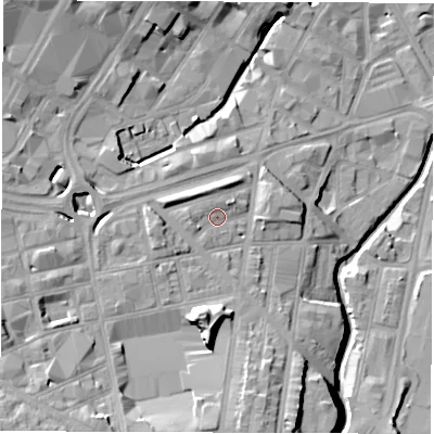 Shaded relief map of the ground around S14SZ, computed from Environment Agency LiDAR. The ground here sits at about 65 m above sea level and falls 23 m across the surrounding 800 m. Surface water reaching this point runs off ground lying to the west, 2.2 m higher.
