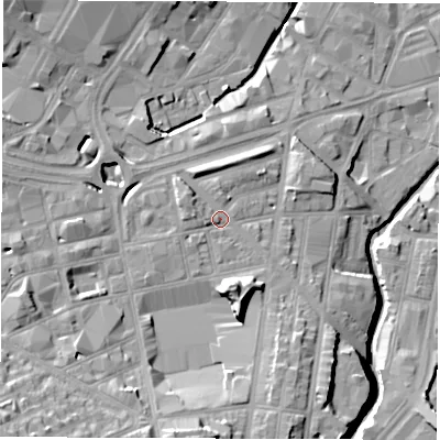 Shaded relief map of the ground around S14TA, computed from Environment Agency LiDAR. The ground here sits at about 66 m above sea level and falls 26 m across the surrounding 800 m. Surface water reaching this point runs off ground lying to the south-south-west, 11.0 m higher.