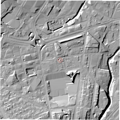 Shaded relief map of the ground around S14TB, computed from Environment Agency LiDAR. The ground here sits at about 67 m above sea level and falls 28 m across the surrounding 800 m. Surface water reaching this point runs off ground lying to the north, 2.0 m higher.