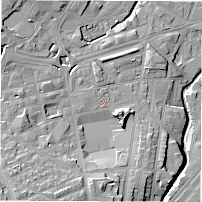 Shaded relief map of the ground around S14TE, computed from Environment Agency LiDAR. The ground here sits at about 66 m above sea level and falls 30 m across the surrounding 800 m. Surface water reaching this point runs off ground lying to the west-north-west, 0.8 m higher.