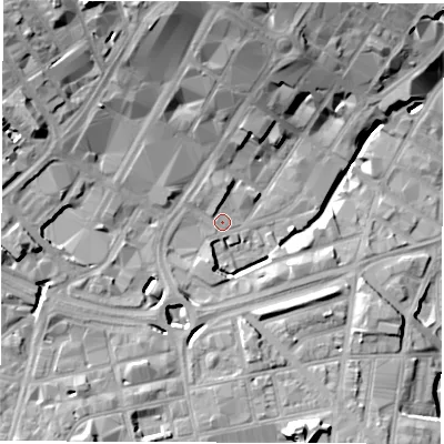 Shaded relief map of the ground around S14TF, computed from Environment Agency LiDAR. The ground here sits at about 64 m above sea level and falls 29 m across the surrounding 800 m. Surface water reaching this point runs off ground lying to the west-south-west, 6.4 m higher.