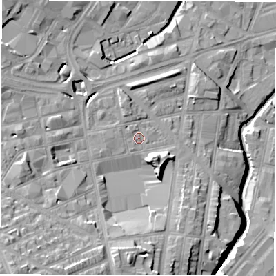 Shaded relief map of the ground around S14TG, computed from Environment Agency LiDAR. The ground here sits at about 66 m above sea level and falls 29 m across the surrounding 800 m. Surface water reaching this point runs off ground lying to the south, 11.0 m higher.
