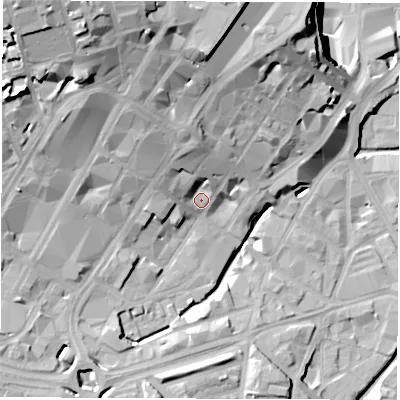 Shaded relief map of the ground around S14TH, computed from Environment Agency LiDAR. The ground here sits at about 62 m above sea level and falls 39 m across the surrounding 800 m. Surface water reaching this point runs off ground lying to the north-north-west, 27.5 m higher.