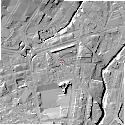 Shaded relief map of the ground around S14TJ, computed from Environment Agency LiDAR. The ground here sits at about 66 m above sea level and falls 25 m across the surrounding 800 m. Surface water reaching this point runs off ground lying to the south, 10.5 m higher.