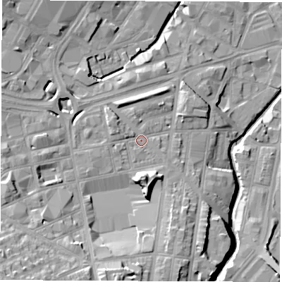 Shaded relief map of the ground around S14TL, computed from Environment Agency LiDAR. The ground here sits at about 66 m above sea level and falls 27 m across the surrounding 800 m. Surface water reaching this point runs off ground lying to the south, 11.7 m higher.