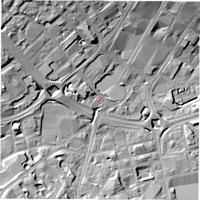 Shaded relief map of the ground around S14UP, computed from Environment Agency LiDAR. The ground here sits at about 69 m above sea level and falls 27 m across the surrounding 800 m. Surface water reaching this point runs off ground lying to the west-north-west, 7.0 m higher.