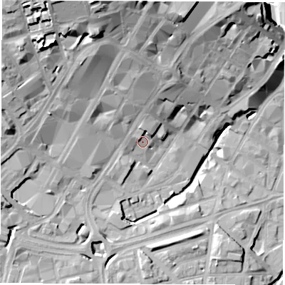 Shaded relief map of the ground around S14WG, computed from Environment Agency LiDAR. The ground here sits at about 64 m above sea level and falls 35 m across the surrounding 800 m. Surface water reaching this point runs off ground lying to the north, 4.8 m higher.