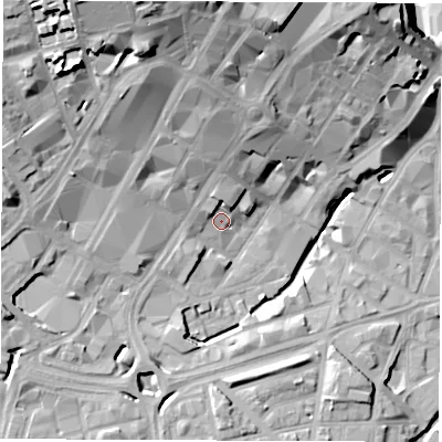 Shaded relief map of the ground around S14WH, computed from Environment Agency LiDAR. The ground here sits at about 63 m above sea level and falls 35 m across the surrounding 800 m. Surface water reaching this point runs off ground lying to the north, 4.8 m higher.