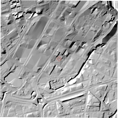 Shaded relief map of the ground around S14ZA, computed from Environment Agency LiDAR. The ground here sits at about 63 m above sea level and falls 34 m across the surrounding 800 m. Surface water reaching this point runs off ground lying to the north, 5.2 m higher.