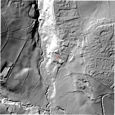 Shaded relief map of the ground around S173AJ, computed from Environment Agency LiDAR. The ground here sits at about 198 m above sea level and falls 65 m across the surrounding 800 m. Surface water reaching this point runs off ground lying to the north-north-east, 23.1 m higher.