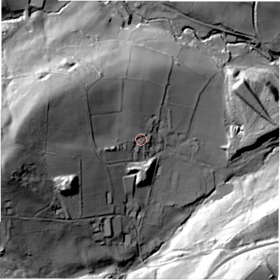 Shaded relief map of the ground around S173BA, computed from Environment Agency LiDAR. The ground here sits at about 193 m above sea level and falls 89 m across the surrounding 800 m. Surface water reaching this point runs off ground lying to the west, 51.8 m higher.