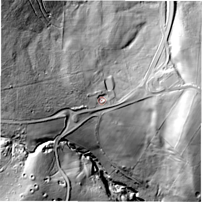 Shaded relief map of the ground around S173BQ, computed from Environment Agency LiDAR. The ground here sits at about 308 m above sea level and falls 95 m across the surrounding 800 m. Surface water reaching this point runs off ground lying to the west-north-west, 37.2 m higher.