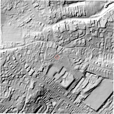Shaded relief map of the ground around S173GY, computed from Environment Agency LiDAR. The ground here sits at about 198 m above sea level and falls 58 m across the surrounding 800 m. Surface water reaching this point runs off ground lying to the north-west, 10.0 m higher.