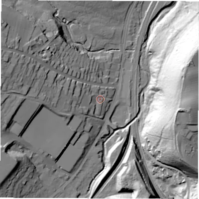 Shaded relief map of the ground around S173LA, computed from Environment Agency LiDAR. The ground here sits at about 127 m above sea level and falls 77 m across the surrounding 800 m. Surface water reaching this point runs off ground lying to the west-north-west, 29.2 m higher.