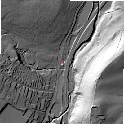 Shaded relief map of the ground around S173LB, computed from Environment Agency LiDAR. The ground here sits at about 118 m above sea level and falls 80 m across the surrounding 800 m. Surface water reaching this point runs off ground lying to the west, 31.0 m higher.