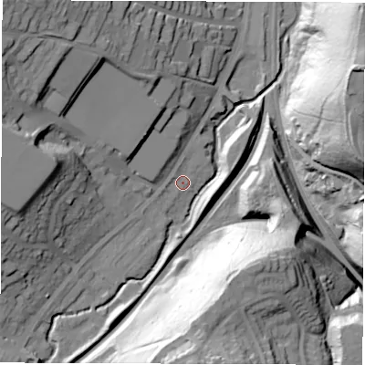 Shaded relief map of the ground around S173LF, computed from Environment Agency LiDAR. The ground here sits at about 124 m above sea level and falls 72 m across the surrounding 800 m. Surface water reaching this point runs off ground lying to the west, 2.1 m higher.