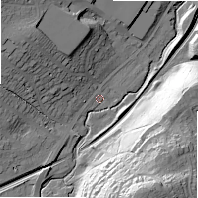 Shaded relief map of the ground around S173LG, computed from Environment Agency LiDAR. The ground here sits at about 127 m above sea level and falls 79 m across the surrounding 800 m. Surface water reaching this point runs off ground lying to the west-south-west, 3.1 m higher.