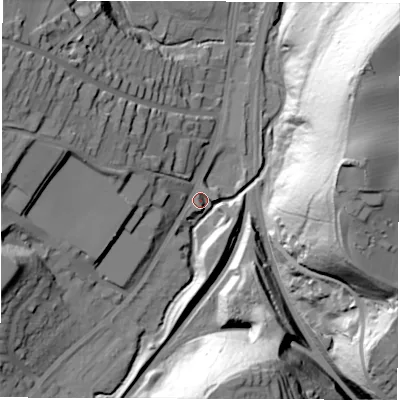 Shaded relief map of the ground around S173LH, computed from Environment Agency LiDAR. The ground here sits at about 122 m above sea level and falls 76 m across the surrounding 800 m. Surface water reaching this point runs off ground lying to the west-north-west, 26.1 m higher.